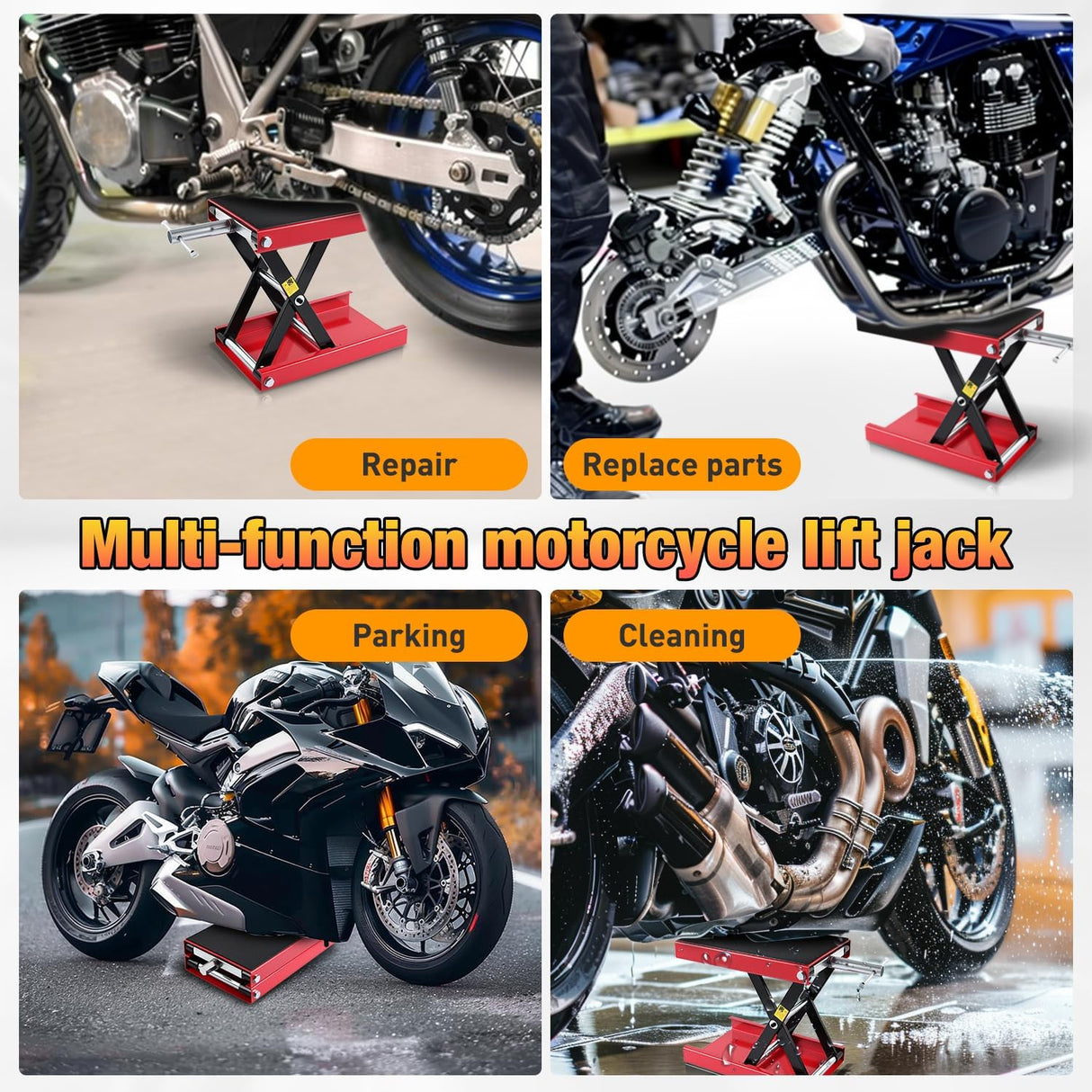 Motorcycle Lift Jack 1100 LBS Scissor Jack Stand Lift from 3.4 Inch to 14.2 Inch with Wide Deck Crank Handle Steel Scissor Hoist Garage Repair Lifter Table Jacks for Motorcycles ATV Dirt Bike, Red