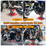 Motorcycle Lift Jack 1100 LBS Scissor Jack Stand Lift from 3.4 Inch to 14.2 Inch with Wide Deck Crank Handle Steel Scissor Hoist Garage Repair Lifter Table Jacks for Motorcycles ATV Dirt Bike, Red