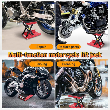 Motorcycle Lift Jack 1100 LBS Scissor Jack Stand Lift from 3.4 Inch to 14.2 Inch with Wide Deck Crank Handle Steel Scissor Hoist Garage Repair Lifter Table Jacks for Motorcycles ATV Dirt Bike, Red