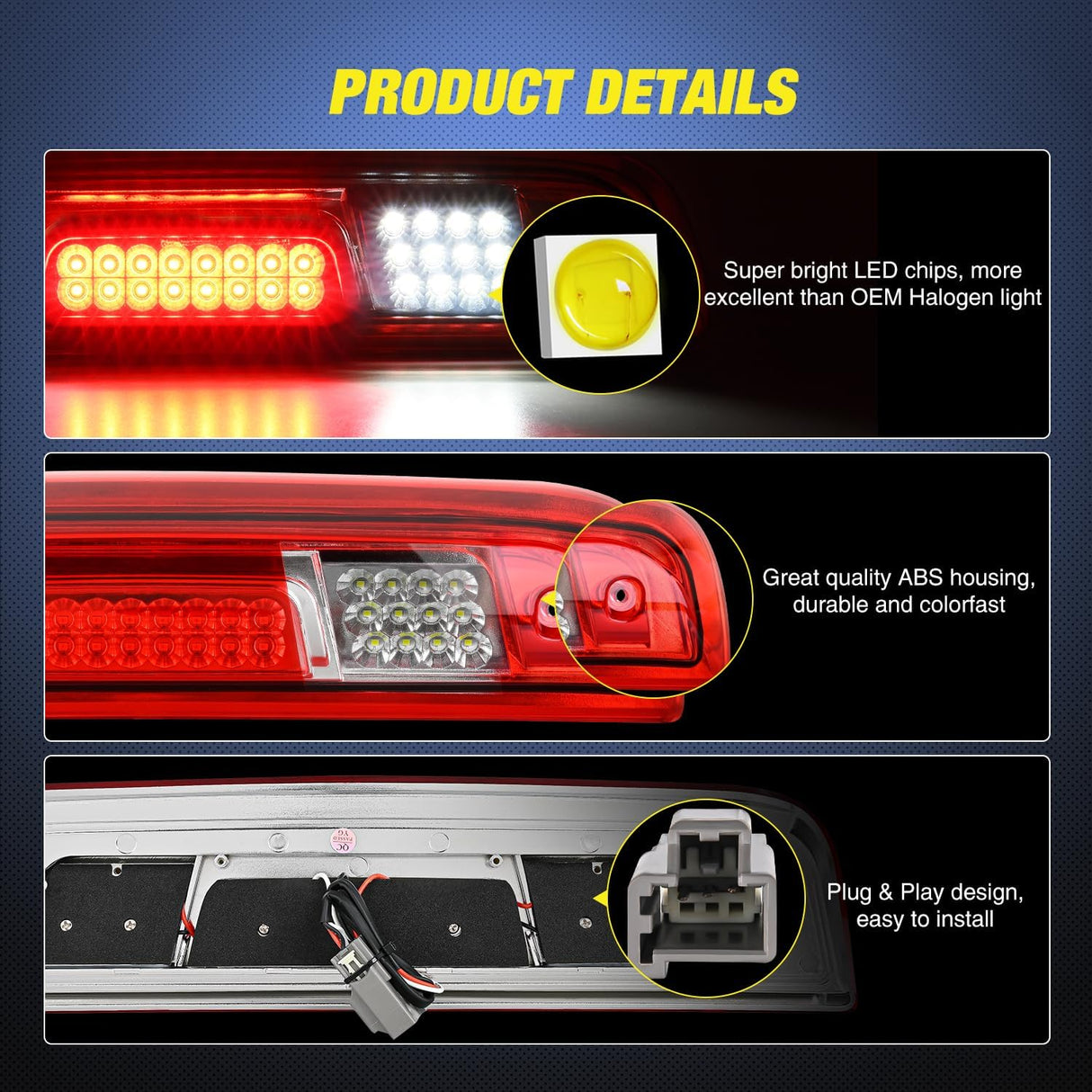 Third Brake Light High Mount 3rd Brake Stop Reverse Cargo LED Lights Red Shell Compatible with Chevy Silverado GMC Sierra 1500 2500 3500HD 2014 2015 2016 2017 2018 Pickup Truck
