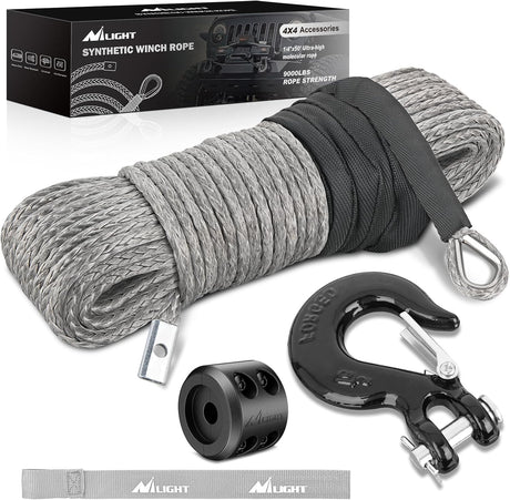 1/4 Inch x 50 Feet Synthetic Winch Line Cable Universal for ATV UTV 4x4 Off-Road Vehicle 9000 lbs Winch Line Ropes with Steel Hook Rubber Stopper Protective Sleeve Safety Strap, Grey
