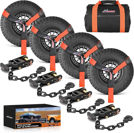 Car Tie Down Straps with Chain Hook Anchors 4 Pack Adjustable Wheel Straps 2 Inch x 96 Inch Lasso Style 3,674 lbs Safe Working Load Comes with Bag for Truck Cars UTV Orange