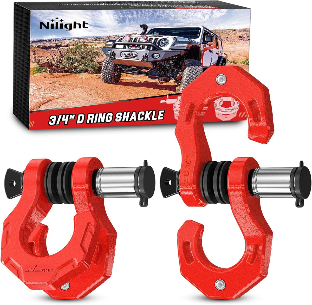 2 Pack 3/4 Inch D-Ring Separate Shackle with 7/8 Inch Lock Pin 45,000 lbs Break Strength, Off Road Recovery Shackle with Isolators Washers for Use with Tow Strap, Winch, Truck Vehicle (Red)