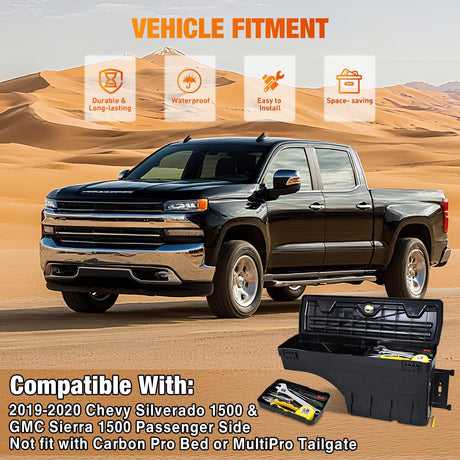 Truck Bed Tool Box Passenger Side Truck Tool Box Fit for Chevrolet Silverado 1500 GMC Sierra 1500 2019 2020 ABS Swing Case Truck Bed Storage Box with Lockable Lid Waterproof Wheel Well Toolbox