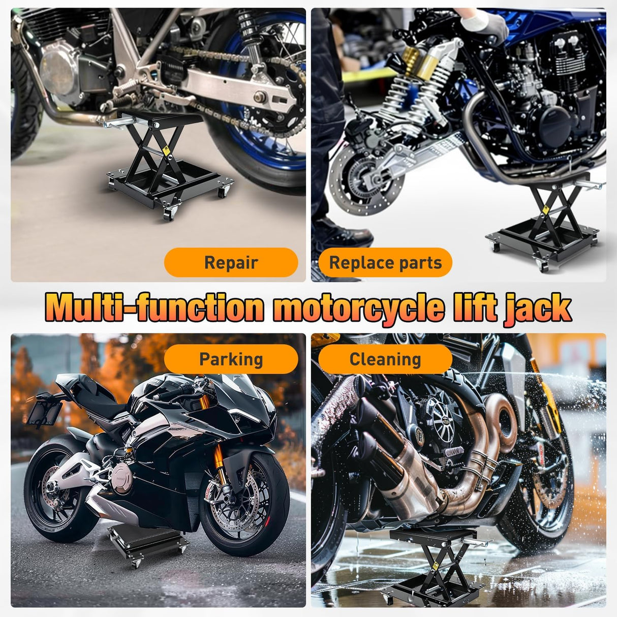 Motorcycle Lift 1100 LBS ATV Scissor Lift Jacks with Dolly Wheels Crank Handle 5.1 Inch-15.7 Inch Hoist Stand Heavy Duty Steel Lifter Jack for Motorcycles Dirt Bike Garage Storage Repair Tool, Black