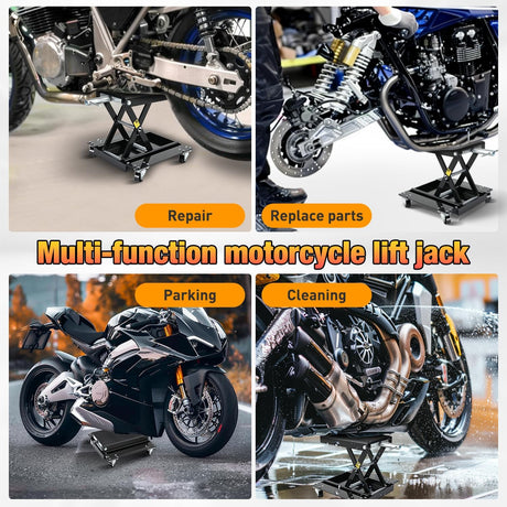 Motorcycle Lift 1100 LBS ATV Scissor Lift Jacks with Dolly Wheels Crank Handle 5.1 Inch-15.7 Inch Hoist Stand Heavy Duty Steel Lifter Jack for Motorcycles Dirt Bike Garage Storage Repair Tool, Black