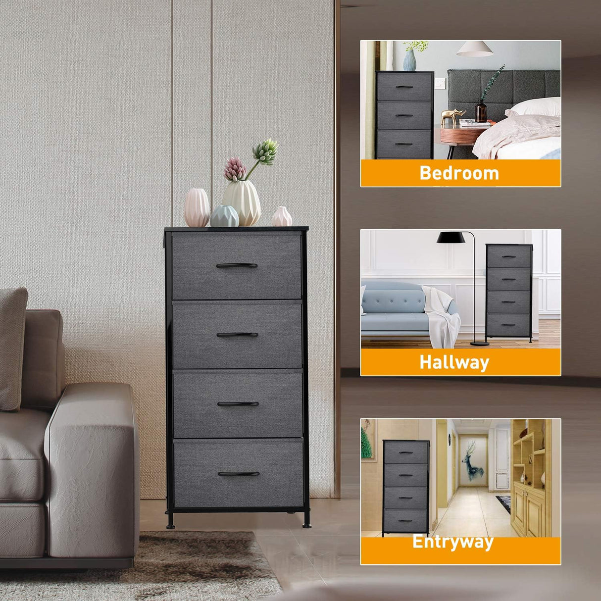 Storage Tower Units, Nightstand Dresser Organizer with 4 Drawers, Fabric Vertical, Steel Frame Wide Wood Top Small Dresser for Bedroom Hallway Entryway Closets, Easy Pull Handle, Black Grey