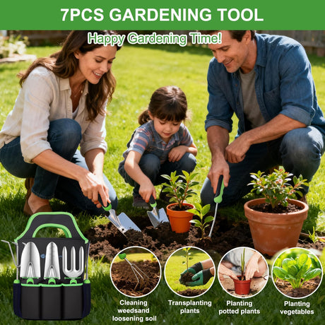 Gardening Tools 7-Piece Heavy Duty Garden Tool Set Gardening Supplies Gifts for Women Men Gardening Hand Tool Kit with Non-Slip Ergonomic Handle, Durable Garden Bag, Pruning Shears, Black Green