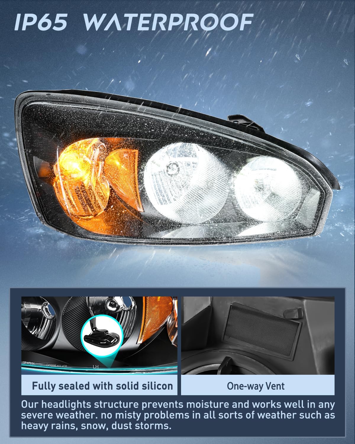 Headlight Assembly fit 2004-2007 Chevy Malibu 2008 Classic | 2004-2007 Chevrolet Chevy Malibu 2008 Classic OE Headlamp Replacement Black Housing Amber Reflector