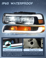 LED DRL Headlight Assembly for 1999 2000 2001 2002 Chevy Silverado 1500 1500HD 2500 2500HD 3500 Chevrolet Tahoe Suburban Replacement Headlamp Clean Lens Black Housing Amber Bumper Lights Set