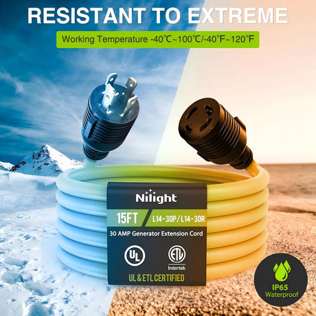 15FT 30Amp Generator Extension Cord 125V Heavy Duty 10/3 Gauge Pure Copper STW Wire UL ETL Listed 4 Prong L14-30P L14-30R Weatherproof Suit for Camper Outdoor Use Bright Green