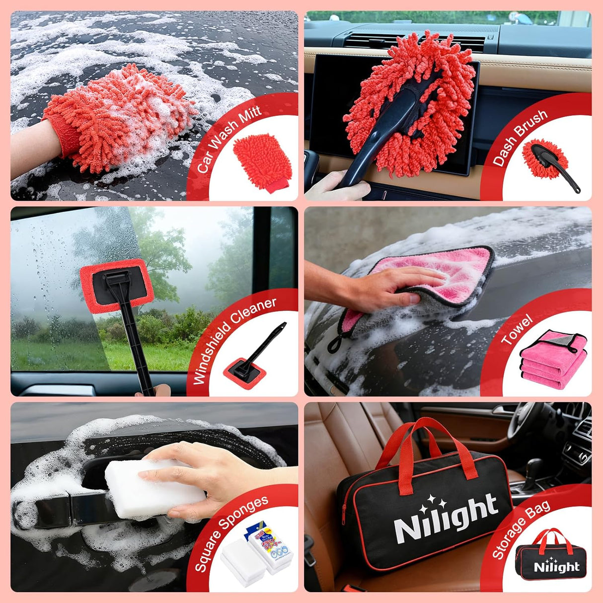 Automotive Tools 52PCS Car Detailing Kit Auto Cleaning Tools Wash Set with Storage Carry Bag Home Use for Interior Exterior Deep Clean Polish Car Care Windshield Dashboard Seat Air Vents Wheels Tires, Red