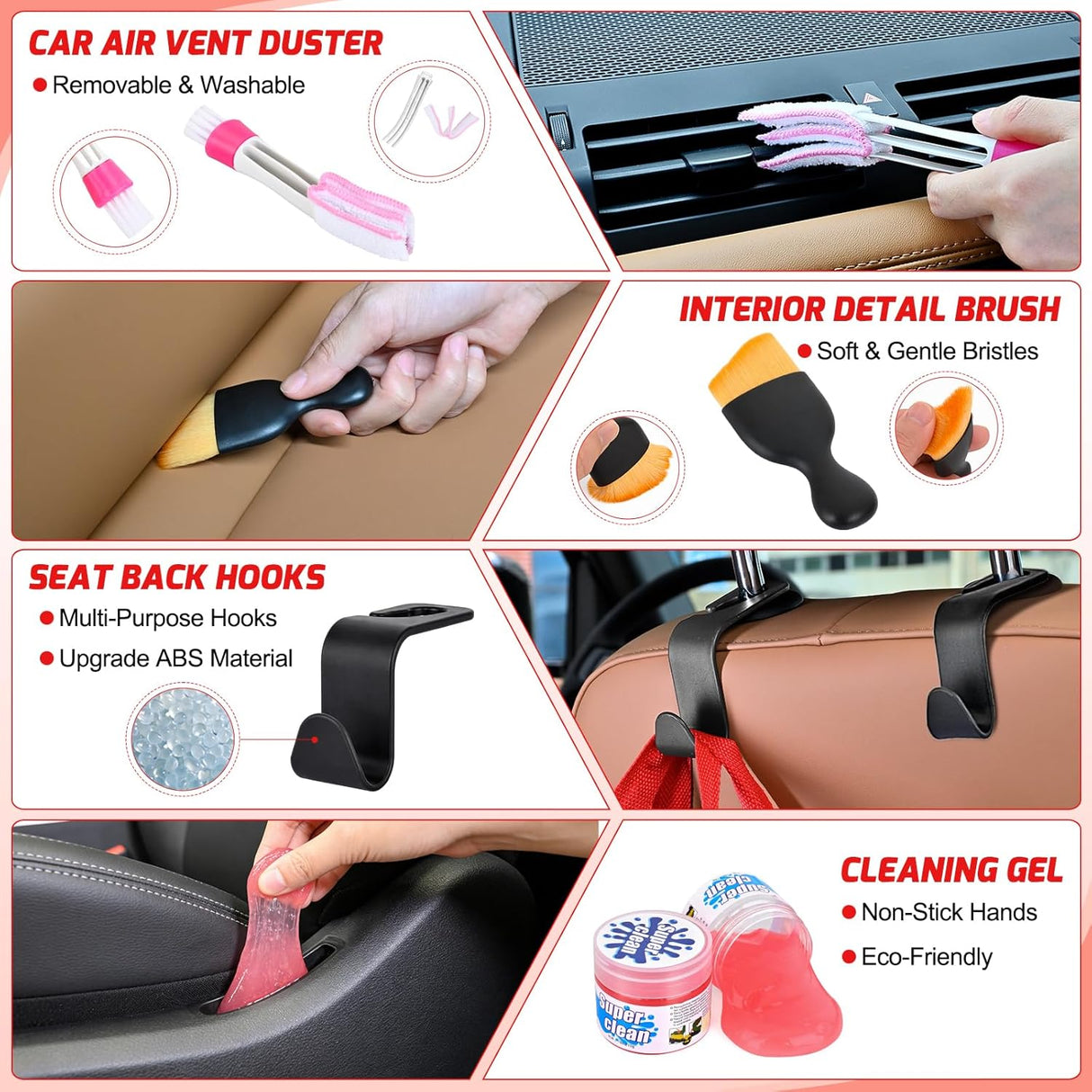 Automotive Tools 52PCS Car Detailing Kit Auto Cleaning Tools Wash Set with Storage Carry Bag Home Use for Interior Exterior Deep Clean Polish Car Care Windshield Dashboard Seat Air Vents Wheels Tires, Red