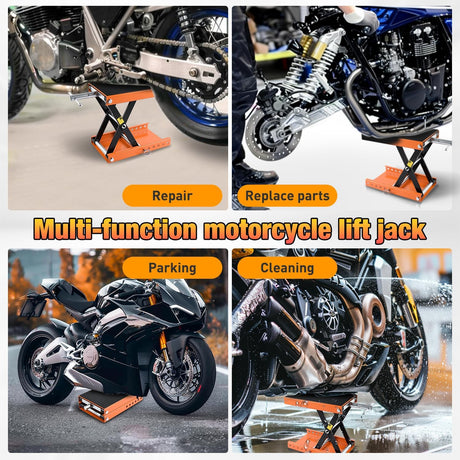 Motorcycle Lift Jack 1100 LBS Scissor Jacks Stand Lift with Wide Deck Safety Pin Handle 3.4 Inch-14.2 Inch Height Adjustable Hoist Stand Garage Repair Lifter for Motorcycles ATV Dirt Bike, Orange