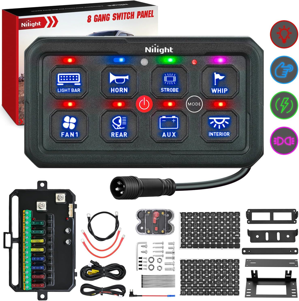 8 Gang Switch Panel Blue Circuit Control Relay System with Fuse Wiring Harness Toggle Momentary Strobe Flash Modes Automatic Dimmable ON Off Pod 12V 24V for Car Truck Camper SUV
