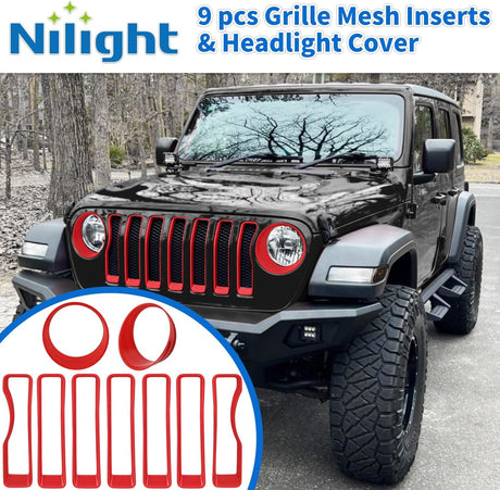 Grill Inserts fit for Jeep Wrangler Front Grille Inserts Headlight Cover Set for JL JLU Unlimited Sport SportS 2018 2019 2020 2021 2022 2023 Grille Bezels Trim Exterior Accessories Red 9 Pcs