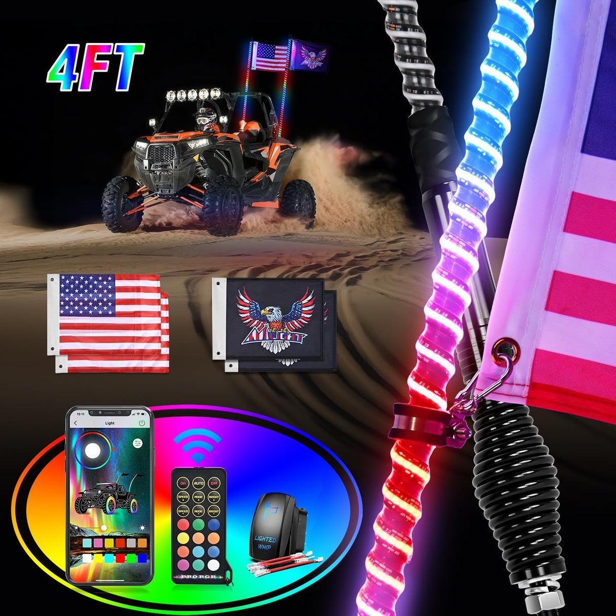 LED Whip Light 2 PCS 4FT COB RGB Lighted Antenna Whips with Spring Base Remote & App Control DIY Patterns Turn Brake Reverse Lights for Can-am Offroad ATV UTV RZR Polaris Dune Buggy Truck