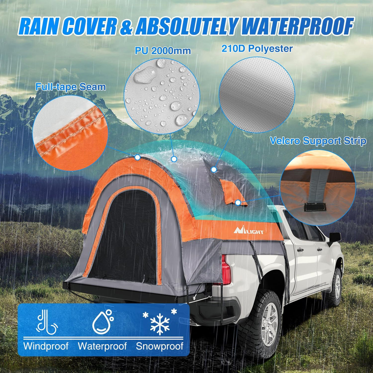 Truck Bed Tent 8-8.5 FT Pickup Truck Tents with Rainfly Waterproof PU2000mm Double Layer for 2-Person Portable Full Size Long Tailgate Bed Tent for Truck Camping Outdoor Travel, Orange Grey