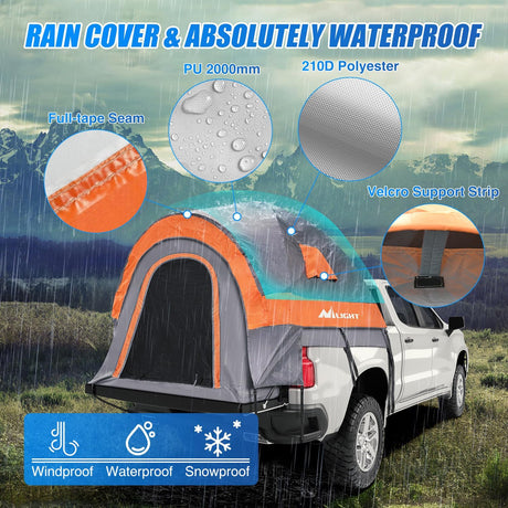 Truck Bed Tent 8-8.5 FT Pickup Truck Tents with Rainfly Waterproof PU2000mm Double Layer for 2-Person Portable Full Size Long Tailgate Bed Tent for Truck Camping Outdoor Travel, Orange Grey