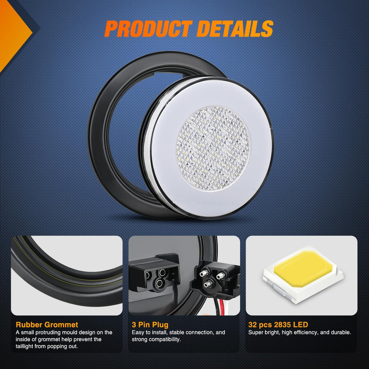 Trailer Tail Lights 2PCS 4Inch Round 32LED White Halo Ring | Grommet Mount IP67 Waterproof Marker Clearance Reverse Backup Running Taillights for Trailer Truck Pickup Camper RV