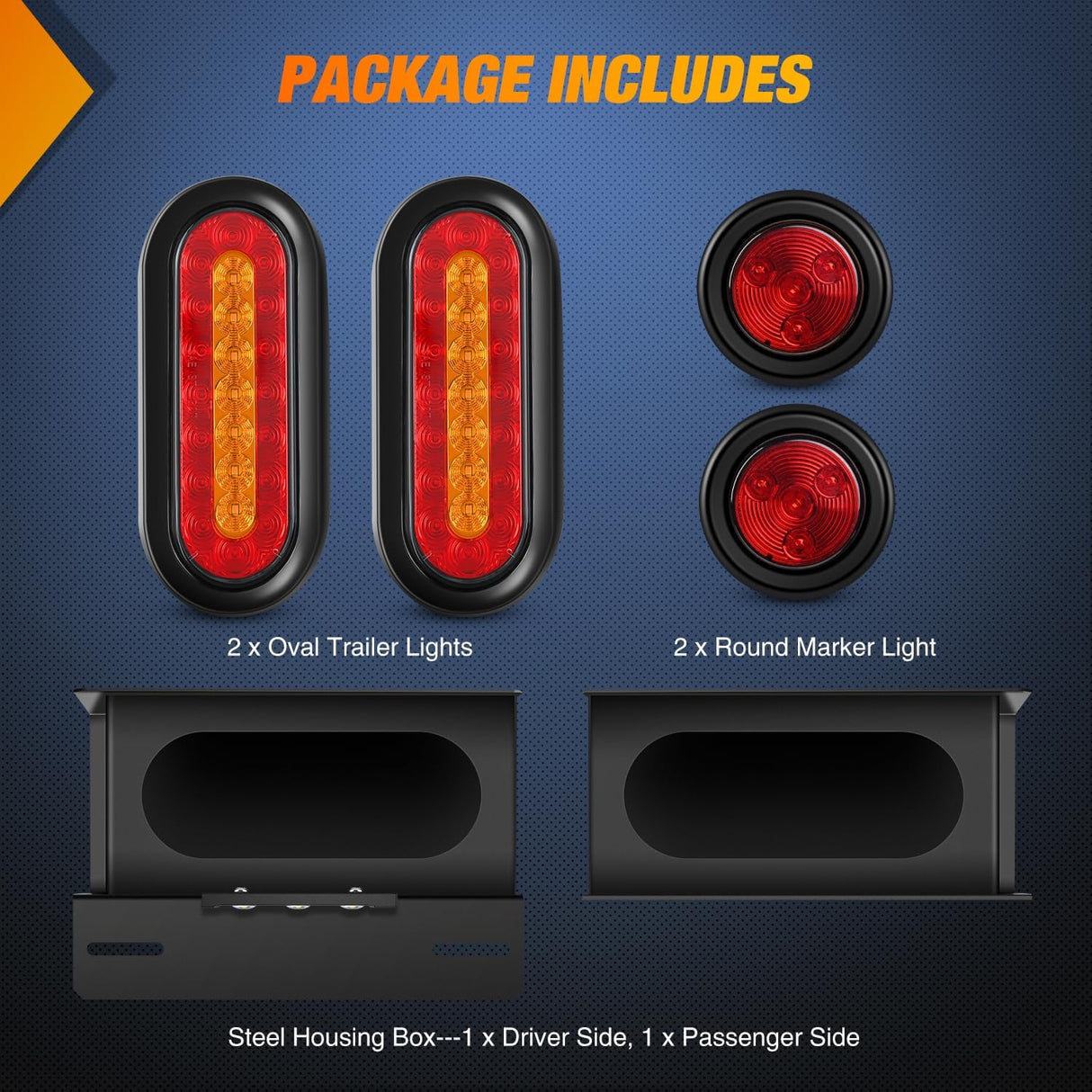 2 PCS Steel Trailer Light Boxes Housing Kit 3LED License Plate Lights 6 Inches Oval Red Amber Tailight 2 Inch Round Side Marker Lamp Grommet Plugs for Truck Tractor Car