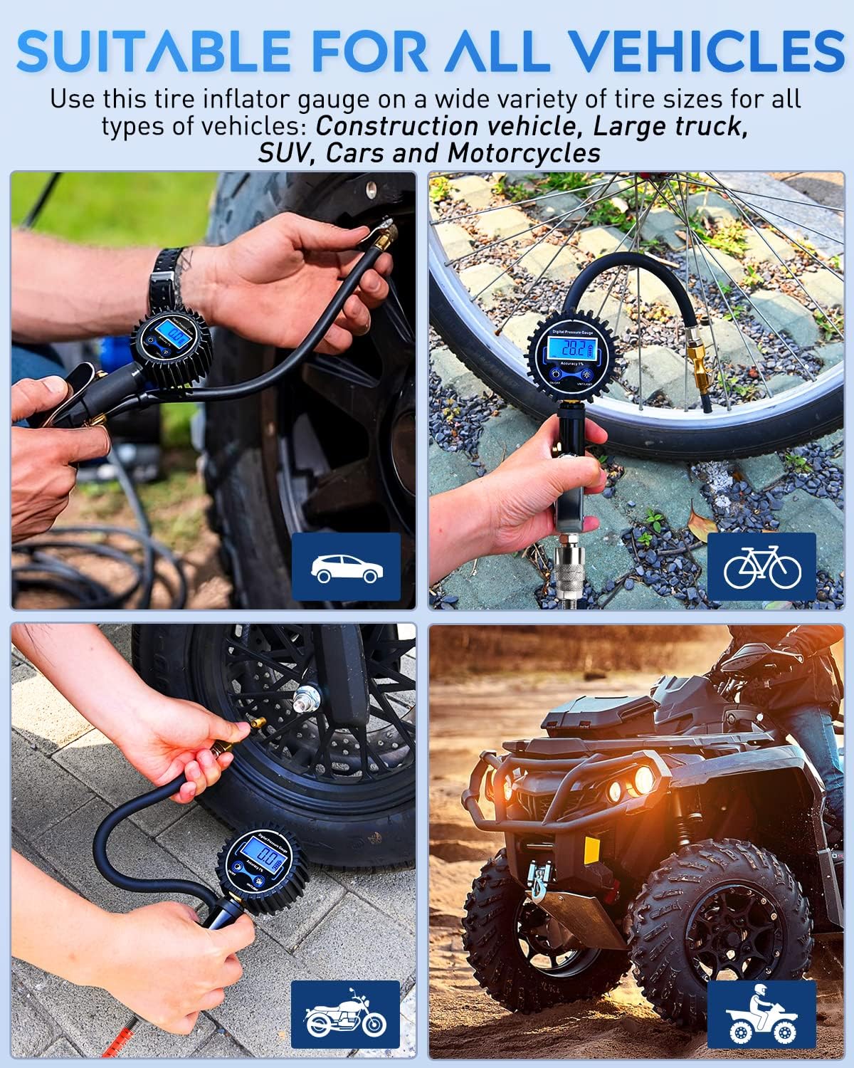 Tire Inflator with Digital Pressure Gauge 250PSI Heavy Duty | Air Chuck Compressor Attachments with Rubber Hose & Quick Connect Coupler 0.1 Display Resolution for Car Truck SUV RV