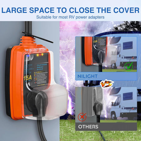 15 to 30 Amp RV Surge Protector Power Adapter 2100 Joules Voltage Monitor 5-15P to TT-30R Converter 125V/1875W Waterproof Circuit Analyzer with Extension Cord for Camper Travel Trailer