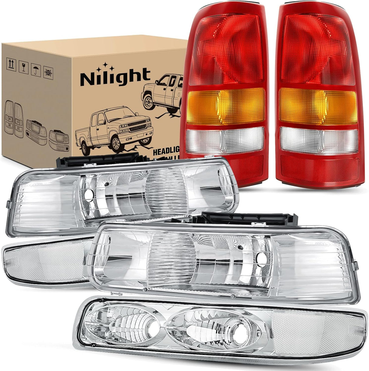 Headlight and Taillight Assembly Combo Compatible with 1999 2000 2001 2002 Chevy Silverado 1500 2500 1500HD 2500HD Fleetside only OE Style Chrome Housing Clear Reflector with Red Tail Lights