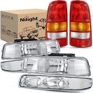 Headlight and Taillight Assembly Combo Compatible with 1999 2000 2001 2002 Chevy Silverado 1500 2500 1500HD 2500HD Fleetside only OE Style Chrome Housing Clear Reflector with Red Tail Lights