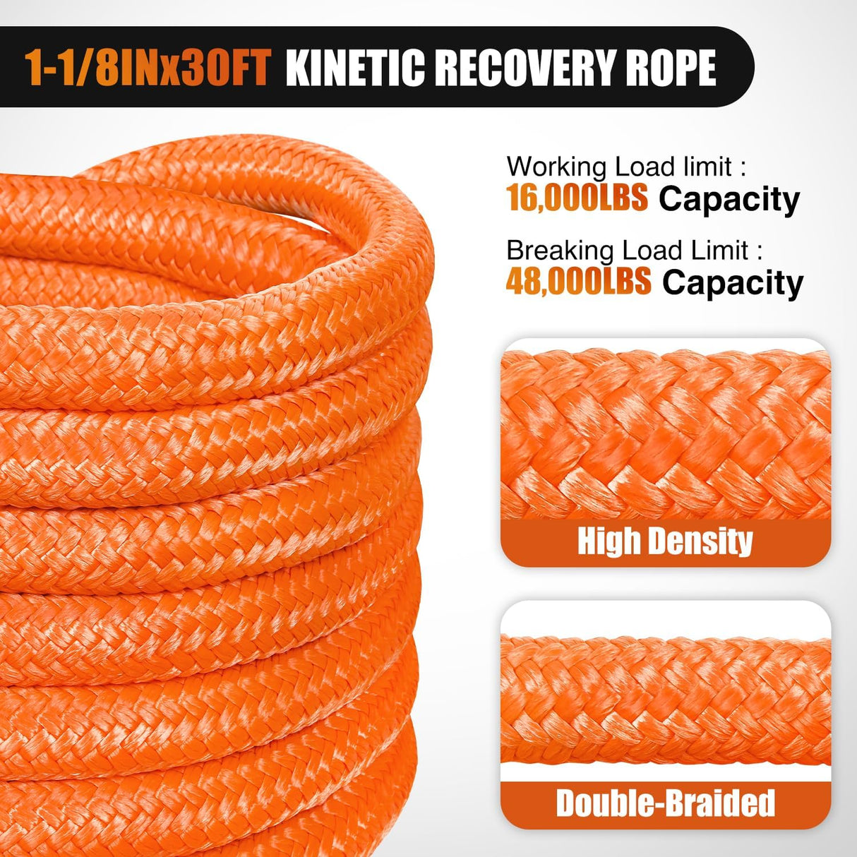 Kinetic Recovery Tow Rope Kit with 2 Soft Shackle 1-1/8inx30ftt Heavy Duty Offroad Tow Rope Snatch Strap Towing Strap kit 48,000LBS for UTV ATV SUV Truck Car Jeep Tractor