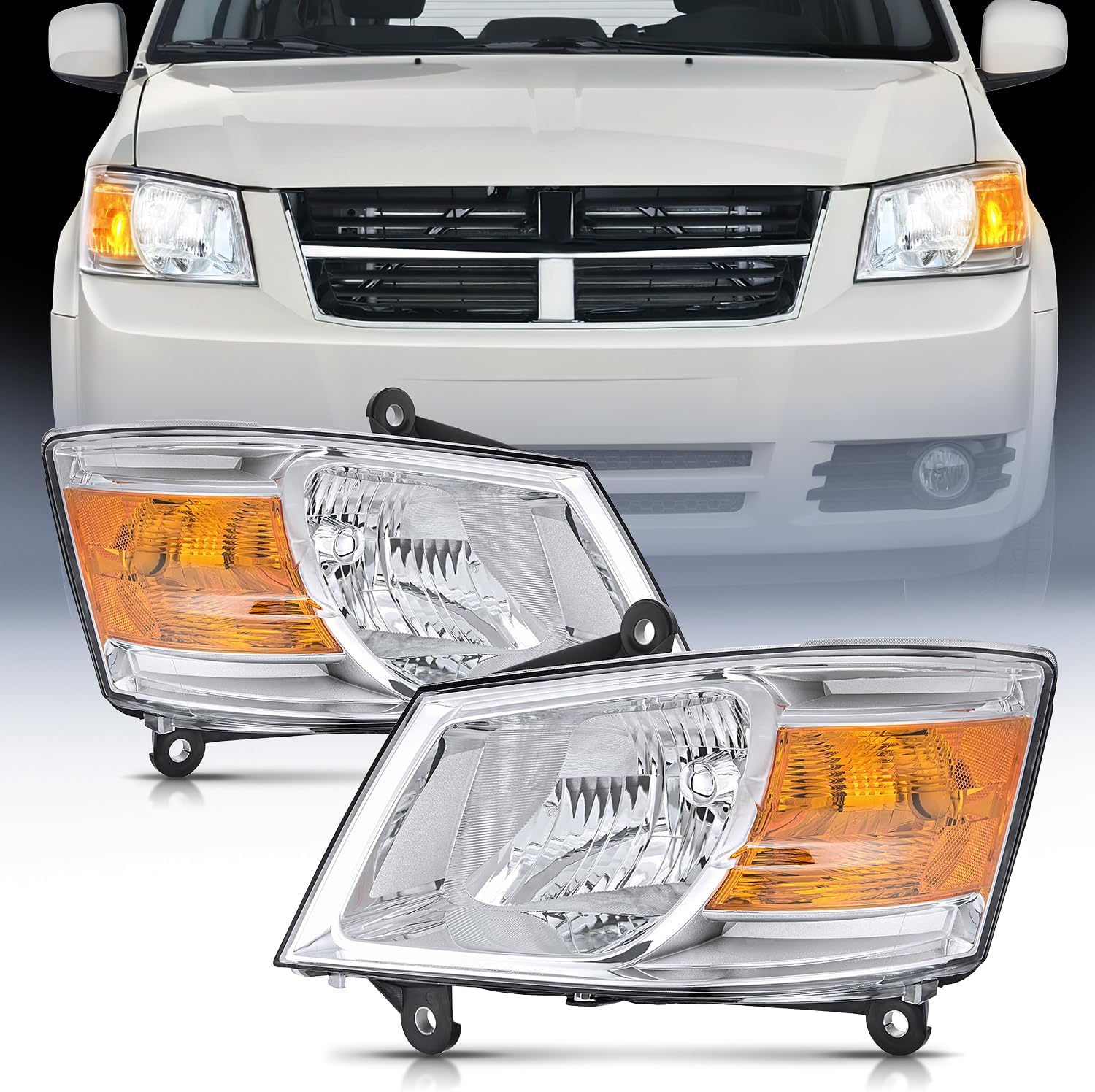 2008-2010 Dodge Grand Caravan Headlight Assembly Chrome Case Amber Reflector Nilight