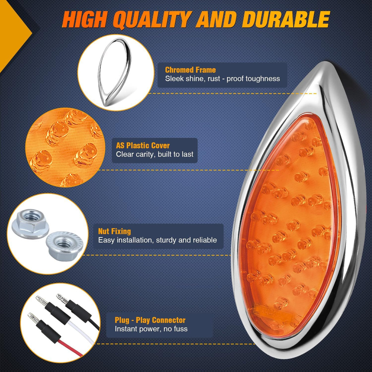 Trailer Tail Light 2PCS 5.9Inch Teardrop 35 LED Amber Chrome Bezel Marker Clearance Brake Turn Signal Running Taillight IP67 Waterproof for Trailer Truck Pickup Camper RV