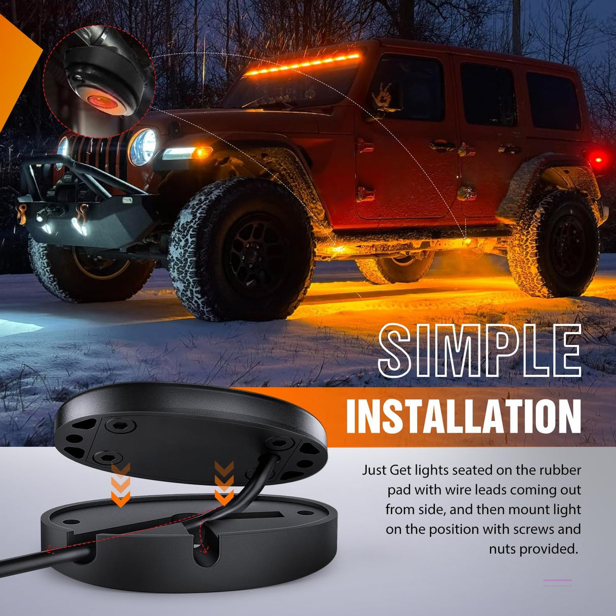 LED Rock Light 6PCS Amber Underglow Wheel Well Fender Pods Waterproof Exterior Underbody Roof Rack Side Lamps for 12V 24V Car Truck Pickups ATV UTV SUV Motorcycle Boat