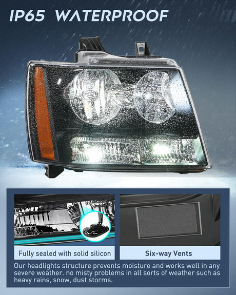 Headlight Assembly for 2007 2008 2009 2010 2011 2012 2013 2014 Chevy Avalanche Tahoe Suburban 1500 2500 Replacement Headlamp Bumper Lamp Set Black Housing Amber Reflector