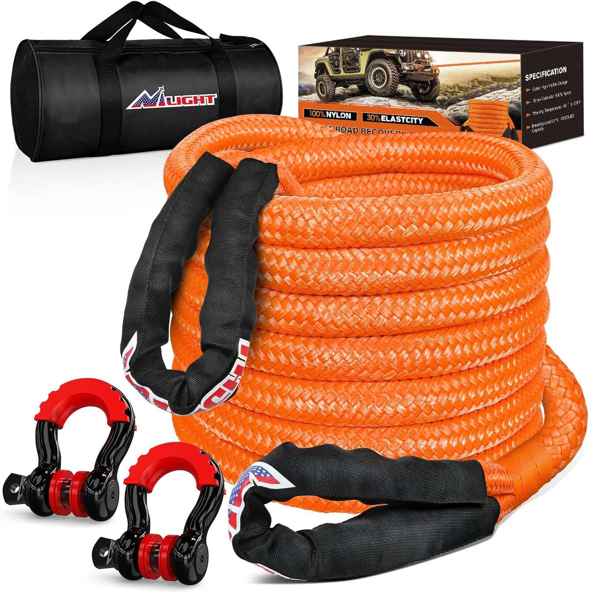 Kinetic Recovery Tow Rope Kit with 3/4 Inch Anti-Theft D-Ring Shackles 1 Inch x 30ft Heavy Duty Offroad Tow Rope Snatch Strap Towing Strap kit 48,000LBS for UTV ATV SUV Truck Car Jeep Tractor