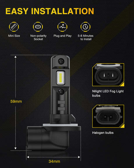 Nilight EF1 881 LED Fog Light Bulbs 200% Brightness 6000K Cool White 1:1 Mini Size Halogen Replacement 881/889/ 898/886 /894 LED Fog Light DRL Conversion Kit,Pack of 2