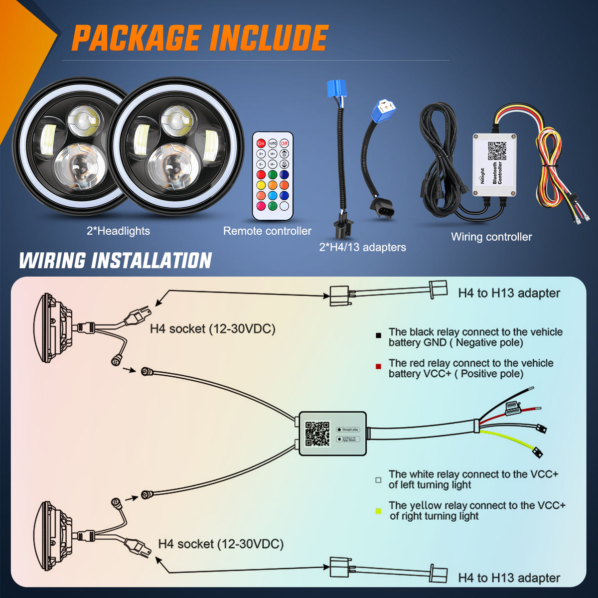 7-Inch RGB LED Headlights with Amber Turn Signal, Remote Control, High/Low Beam, Compatible with Jeep Wrangler JK JKU 2007–2015