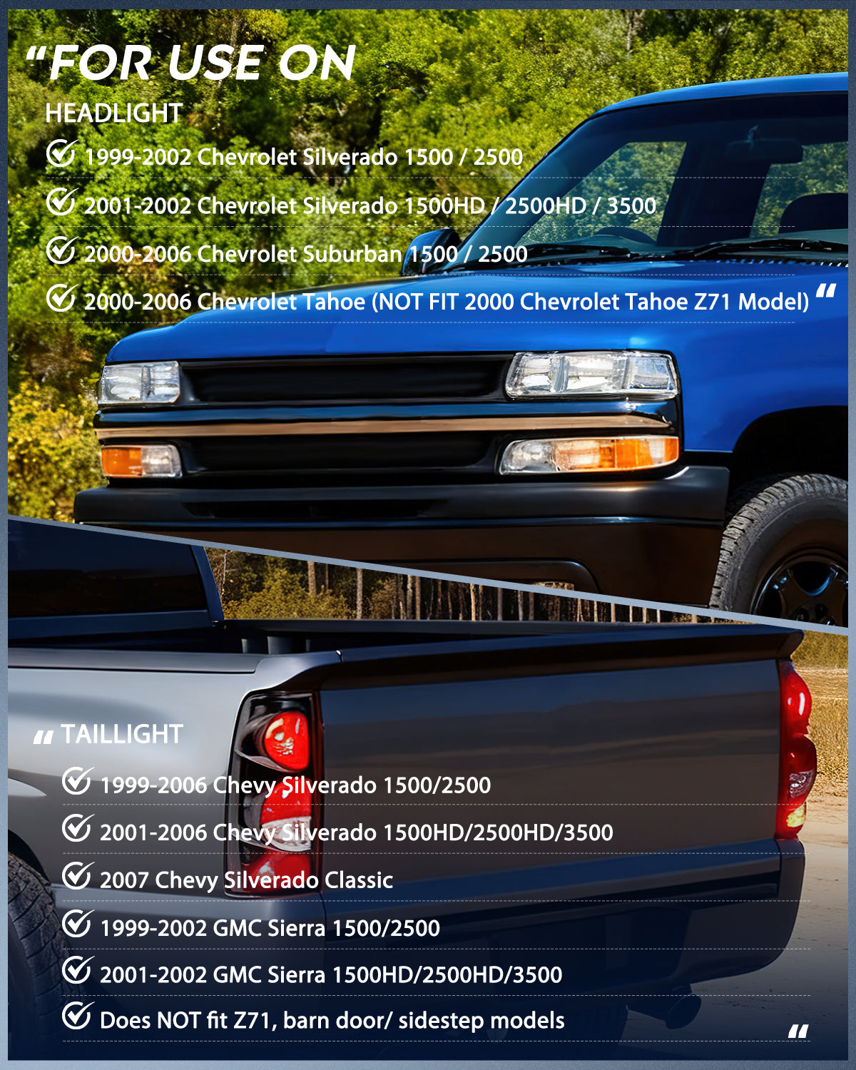 Headlight and Taillight Assembly Combo Compatible with 1999 2000 2001 2002 Chevy Silverado 1500 2500 1500HD 2500HD 3500 OE Style Black Housing Amber Reflector Smoke