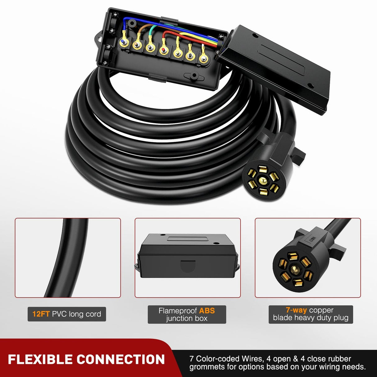 12 Feet Heavy Duty 7 Way Inline Trailer Plug with 7 Gang Junction Box Nilight