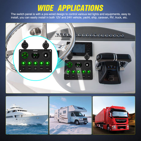 Nilight 5 Gang Multi Function Waterproof Switch Panel PD Type C and USB Socket Digital Voltmeter 12V Outlet Rocker with Inline Fuse for RVs Cars Boats Trucks Trailers Green