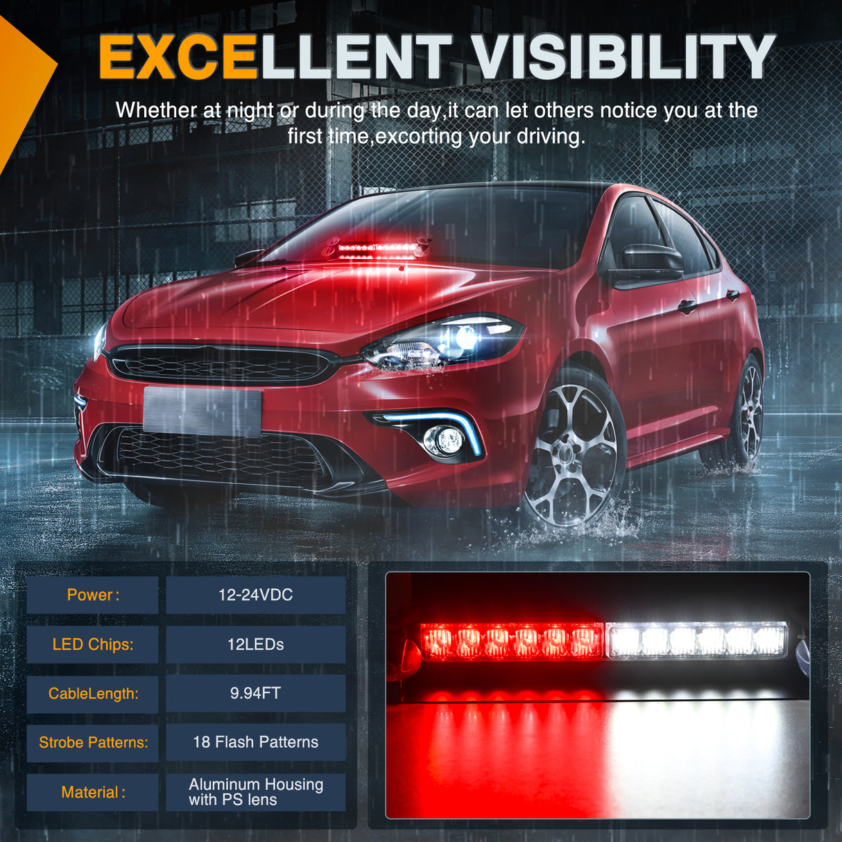 12LED Traffic Advisor Strobe Light Bar Red White Emergency Warning Hazard Safety Dash Front/Rear Windshield Flashing Lights for Cars Trucks Police Firefighter Plow Construction Vehicles
