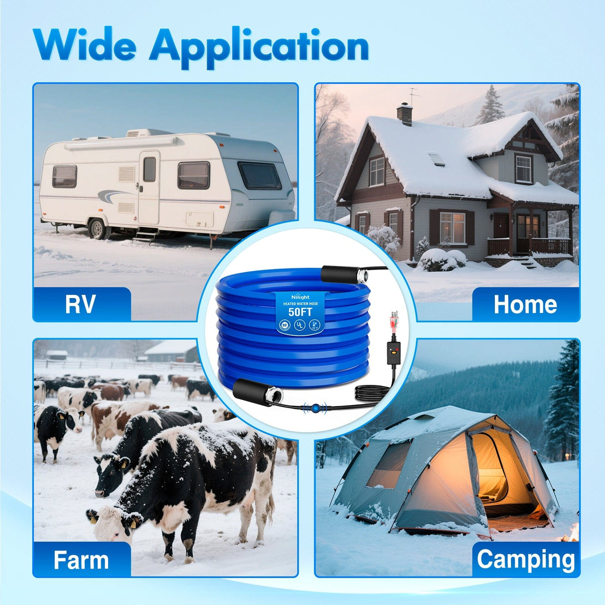 Nilight 50FT Heated Water Hose RV 5/8inch Inside Diameter -45°F Freeze Protaction Antifreeze Garden Drinking Hoses with Saving Thermostat and Smart Heat System for Winter Camper Supply Accessories