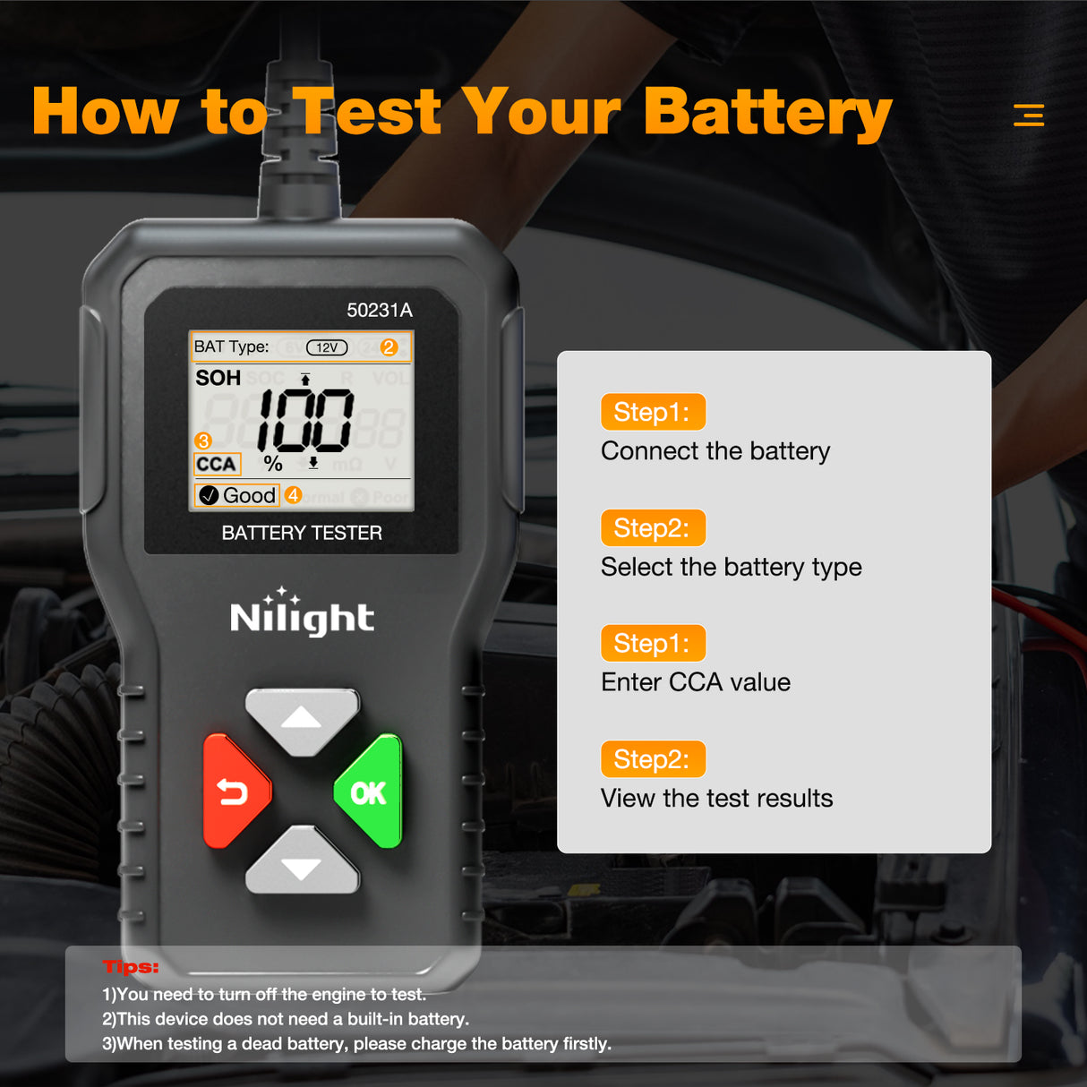 Nilight Car Battery Tester 6V 12V 24V Accurate Digital Auto Analyzer 100-2000 CCA Voltage SOH SOC Internal Resistance Test for Cars Trucks SUV ATV Boats Motorcycles Vehicle