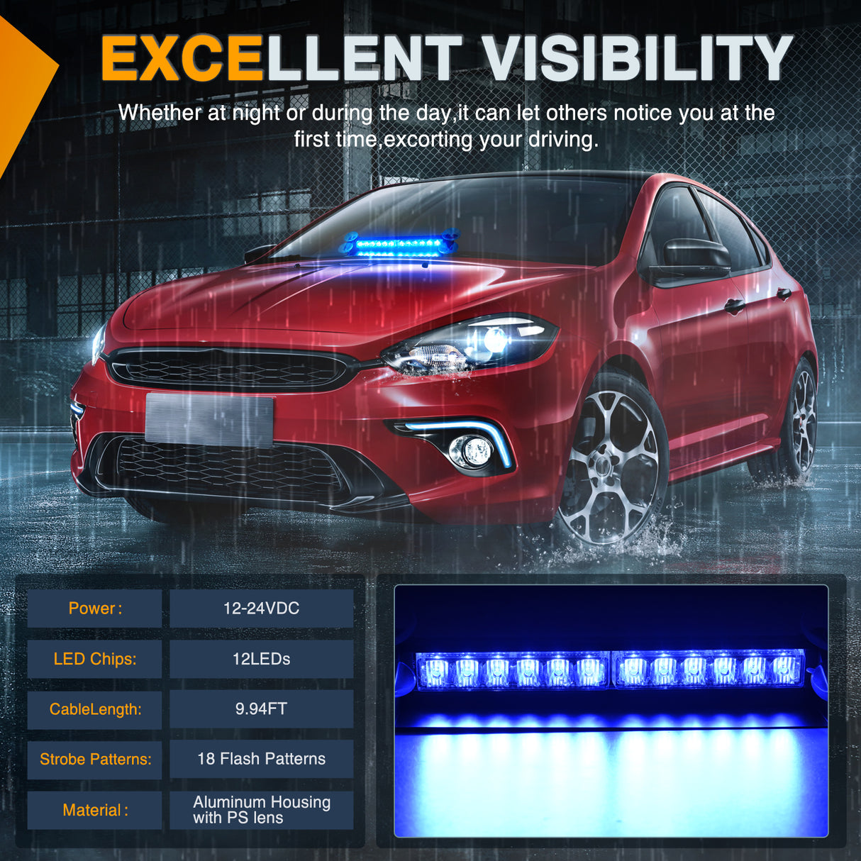 12LED Traffic Advisor Strobe Light Bar Blue Emergency Warning Hazard Safety Dash Front/Rear Windshield Flashing Lights for Cars Trucks Police Firefighter Plow Construction Vehicles