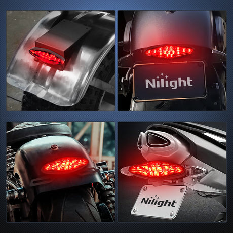 Nilight Motorcycle Tail Lights LED Brake Running Light with License Plate Bracket Dirt Bike Rear Lighting Compatible with Honda Yamaha Kawasaki Suzuki Chopper Turing Cruiser, Red