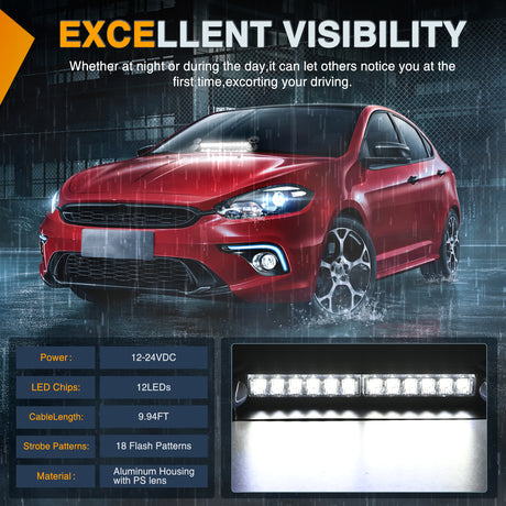 Nilight 12LED Traffic Advisor Strobe Light Bar White Emergency Warning Hazard Safety Dash Front/Rear Windshield Flashing Lights for Cars Trucks Police Firefighter Plow Construction Vehicles
