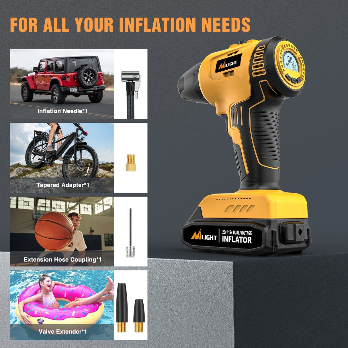 Nilight Cordless Tire Inflator 20V Rechargeable Air Compressor with Digital Gauge 150PSI Includes 12V Adapter