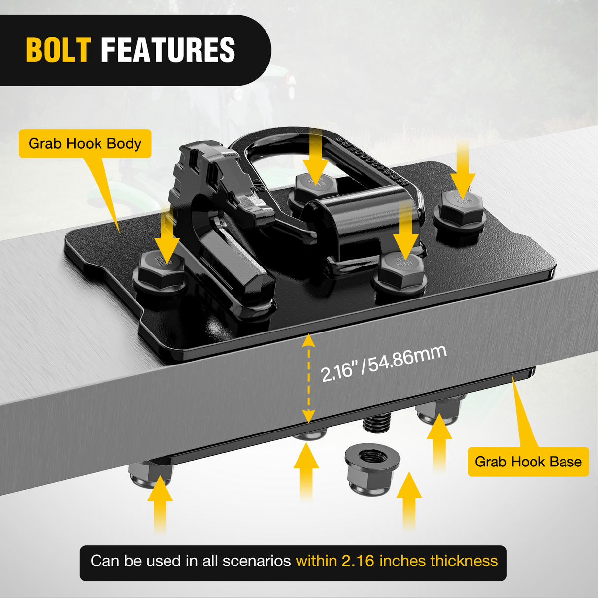 Nilight 2PCS Tractor Bucket Hooks with Tie Down Ring, Bolt-On Grab Hook with Back Plates Compatible with Trailer RV UTV Truck, Grade 70 Grade Forged Steel Max 15000 lbs, Black