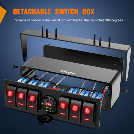 6Gang Aluminum ON/Off Rocker Switch Box w/ QC 3.0 Dual USB Charger Voltmeter with Red Backlit Nilight