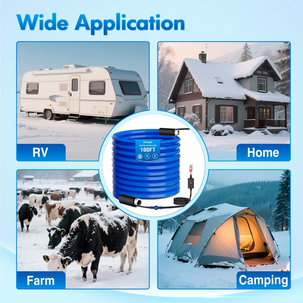 Nilight 100FT Heated Water Hose RV 5/8inch Inside Diameter -45°F Freeze Protaction Antifreeze Garden Drinking Hoses with Saving Thermostat and Smart Heat System for Winter Camper Supply Accessories